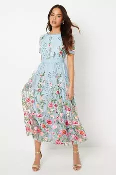 Миниатюрное сетчатое платье-миди с вышивкой и кружевной отделкой Coast, синий