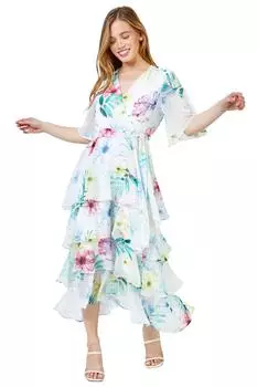 Миниатюрное шифоновое многоярусное платье с цветочным принтом Roman, белый