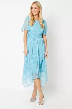 Миниатюрное шифоновое платье миди с платком и присборенной талией Wallis, синий