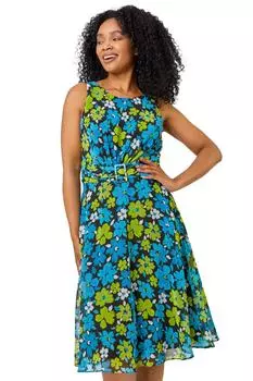 Миниатюрное шифоновое платье с цветочным принтом и пряжками Roman, синий