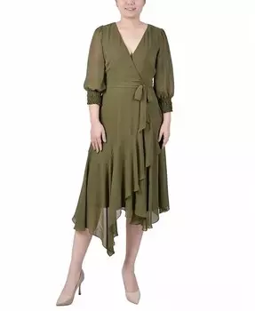 Миниатюрное шифоновое платье с рукавами 3/4 и поясом, с платком на подоле NY Collection, зеленый