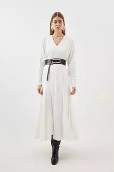 Миниатюрное тканое платье миди из вискозного крепа с V-образным вырезом и длинными рукавами премиум-класса Karen Millen, белый