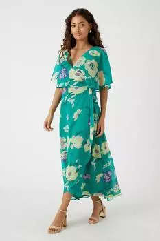 Миниатюрное зеленое платье миди с рукавами ангела и цветочным принтом Wallis, зеленый