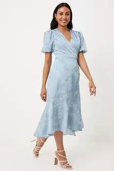 Миниатюрное жаккардовое платье миди с пышными рукавами и цветочным принтом Wallis, синий