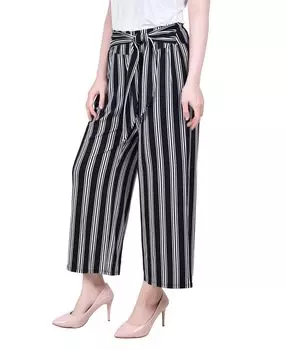 Миниатюрные укороченные брюки без застежки с поясом NY Collection, черно-белый