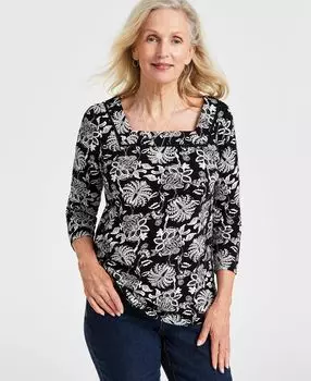 Миниатюрный хлопковый топ с квадратным вырезом и принтом пейсли Style & Co