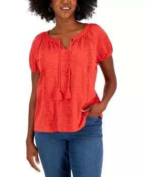 Миниатюрный отпускной топ с короткими рукавами и вышивкой Style & Co, красный