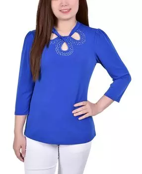 Миниатюрный топ из вязаного крепа с заклепками и заклепками с рукавами 3/4 NY Collection