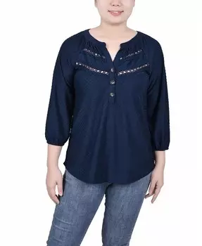 Миниатюрный топ на пуговицах в горошек с рукавами 3/4 NY Collection, синий