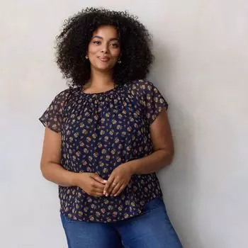 Миниатюрный топ-ракушка с завязкой спереди и оборкой, V-образным вырезом Lc Lauren Conrad, цвет navy freya fleurs