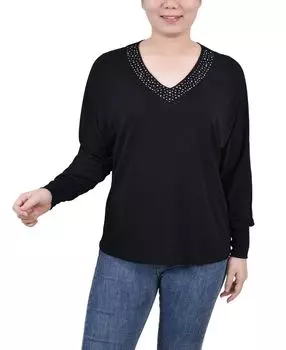 Миниатюрный топ с длинными рукавами и заклепками NY Collection, черный