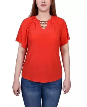 Миниатюрный топ с рукавами реглан и цепочками NY Collection, коричневый