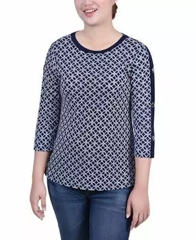 Миниатюрный топ с рукавом 3/4, комбинированными лентами и люверсами NY Collection, мульти