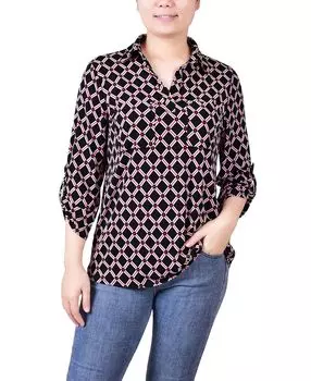 Миниатюрный топ с Y-образным вырезом и рукавами 3/4, заклепками и рюшами NY Collection