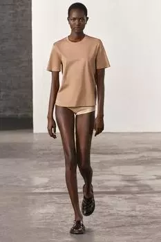 Минималистическая футболка оверсайз ZARA, бежево-розовый
