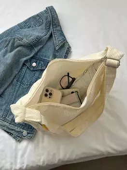 Минималистская вельветовая сумка через плечо на молнии Бежевая повседневная повседневная вельветовая сумка, бежевый