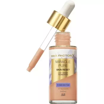 Miracle Pure Skin Reset Serum Foundation 40-60 Легкая сывороточная формула 2-в-1 Средняя степень покрытия Атласно-матовый финиш 2% ниацинамида Протестировано дерматологами Max Factor