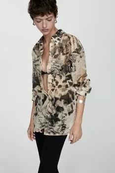 Миша полупрозрачная хлопковая рубашка с принтом Mango, коричневый, светло-бежевый