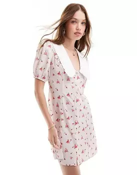 Miss Selfridge 2013 Красное мини-платье с короткими рукавами, воротником и узором