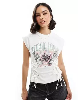Miss Selfridge Белый топ с короткими рукавами, графикой и шнуровкой