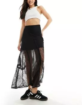 Miss Selfridge - Длинная черная шифоновая юбка с кружевной вставкой