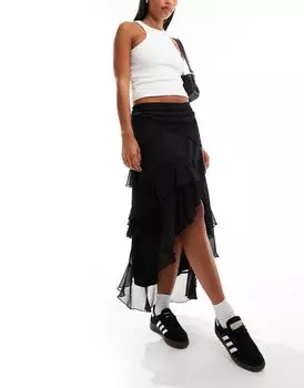 Miss Selfridge — длинная черная юбка из шифона и кружева с рюшами