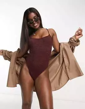 Miss Selfridge Купальник с высокими штанинами и бретелями на спине, шоколадный цвет