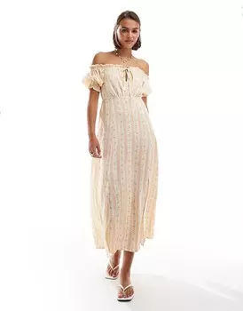 Miss Selfridge– Платье макси с открытым вырезом в полоску и цветочным принтом