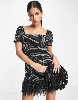 Miss Selfridge – Premium – Украшенное мини-платье черного цвета с животным принтом и отделкой из искусственных перьев - ЧЕРНЫЙ