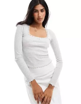 Miss Selfridge – серый меланжевый топ с квадратным вырезом, длинными рукавами и кружевом