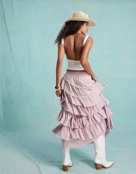 Miss Selfridge – Сиреневая фактурная асимметричная трехъярусная длинная юбка с потрепанным краем