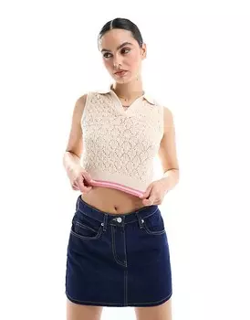 Miss Selfridge Топ-поло с 4 рукавами из ткани крючком кремового цвета с розовыми деталями