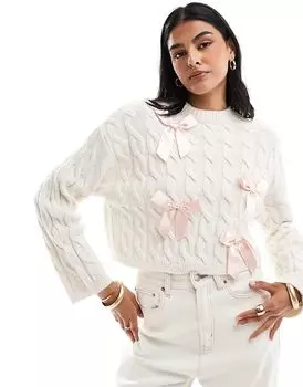 Miss Selfridge – Вязаный джемпер светло-бежевого цвета с атласными бантами