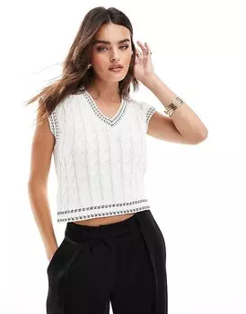 Miss Selfridge = Вязаный топ-свитер кремово-белого цвета с декоративными полосками и узором кос