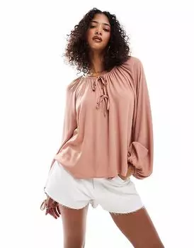 Мисс Селфридж блузка в стиле бохо с завязками спереди и рукавами-фонариками шоколадного цвета Miss Selfridge