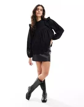 Мисс Селфридж – черная викторианская блузка с защипами и английской вышивкой Miss Selfridge