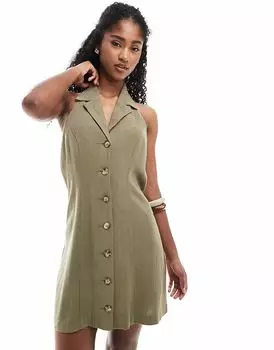 Мисс Селфридж льняная смесь мини-платье с воротником-халтер цвета хаки Miss Selfridge