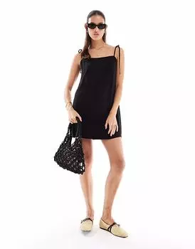 Мисс Селфридж льняное мини-платье свободного кроя с завязками черного цвета Miss Selfridge