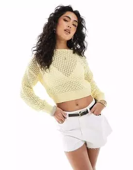 Мисс Селфридж топ крючком с длинными рукавами и косой горловиной лимонного цвета Miss Selfridge