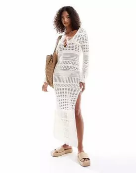 Мисс Селфридж вязаное крючком платье макси с длинными рукавами и о-образным вырезом кремового цвета Miss Selfridge