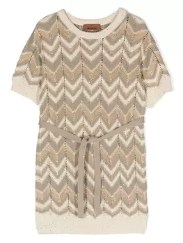 Missoni Kids платье мини с поясом и узором зигзаг, нейтральный цвет