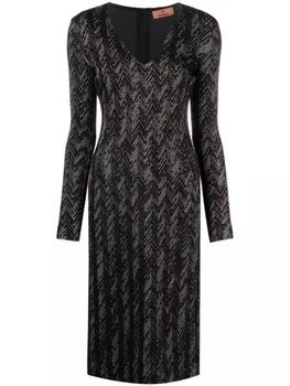 Missoni платье миди с V-образным вырезом и узором в елочку, черный