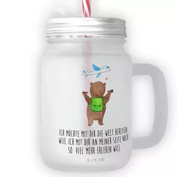 Мистер и миссис Панда Питьевой стакан Mason Jar Bear Самолет - прозрачный - подарок, атласное стекло, партнер, место для летней вечеринки, друг, подарок для женщин, летнее стекло Mr. & Mrs. Panda, белый