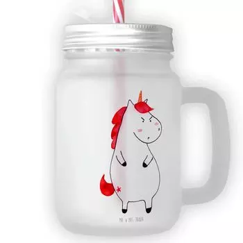 Мистер и миссис Панда Стакан для питья Mason Jar Angry Unicorn - Прозрачный - Подарок, Единорог, Стеклянная крышка с завинчивающейся крышкой, Пегас, Атласное стекло, Бокал для коктейля, Украшение единорога, Веселье Mr. & Mrs. Panda, белый