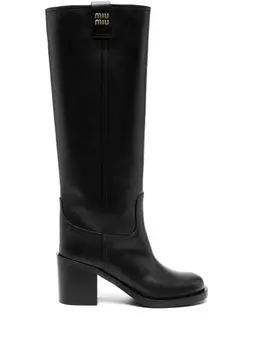 Miu Miu 75mm logo-plaque leather boots, черный
