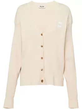 Miu Miu кардиган с V-образным вырезом и вышитым логотипом, нейтральный цвет