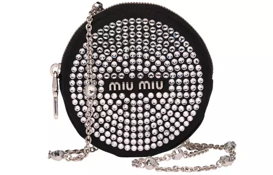 MIU MIU Кошелек для монет с искусственным кристаллом и кожаной круглой сумкой, женский, черный