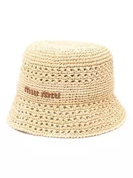 Miu Miu плетеная панама с вышитым логотипом, нейтральный цвет
