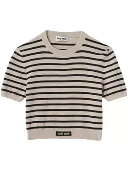 Miu Miu полосатый джемпер с короткими рукавами, нейтральный цвет