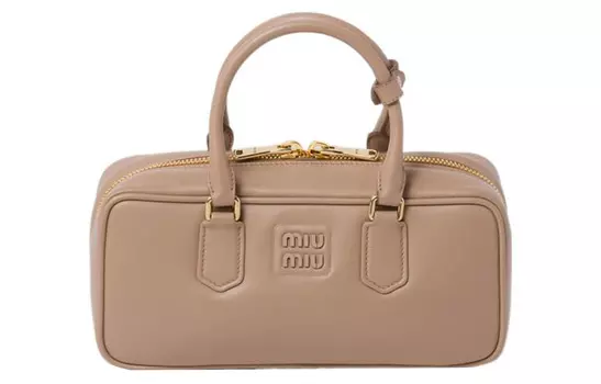 MIU MIU Сумка для боулинга из кожи, сумка через плечо, женская, бежевая с тиснением